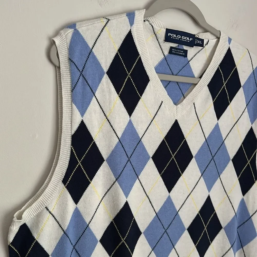 Polo Golf Ralph Lauren Argyle Sweater Vest Men's XL Blue/White Diamond Knit
